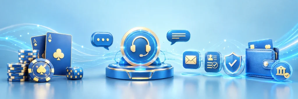 Customer support at PayID casinos with chat, email, verification, secure payment and banking icons