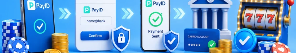PayID casino deposit process with mobile payment, secure verification and pokies casino account icons