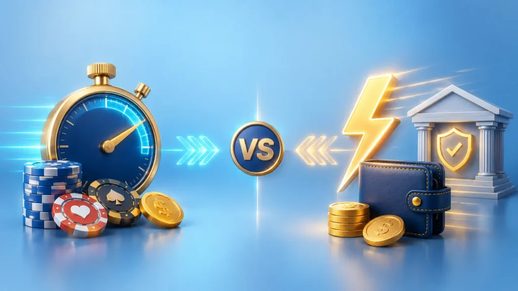 Fast payout casinos vs instant payout casinos comparison with casino chips, stopwatch, lightning bolt and secure banking icons
